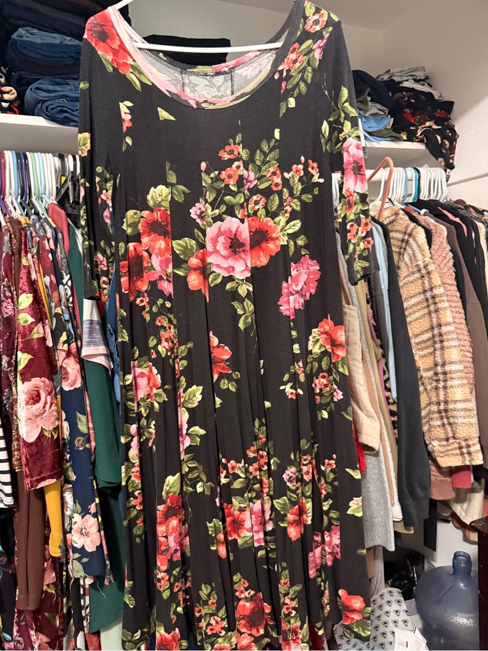 Black Floral Swing Dress with Pink and Red Blooms